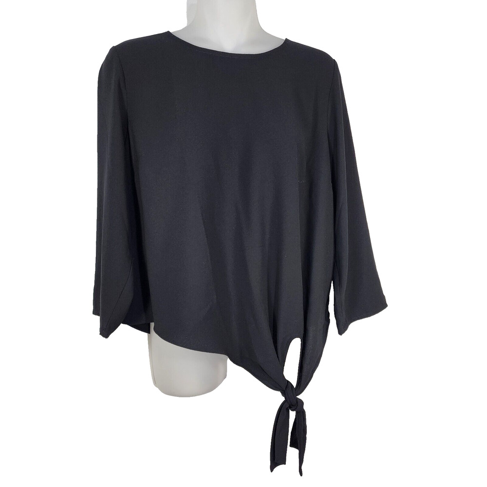 Talbots Petites Women Top Size MP Medium Petite Tie Knot Blouse 3/4 Sleeve Black